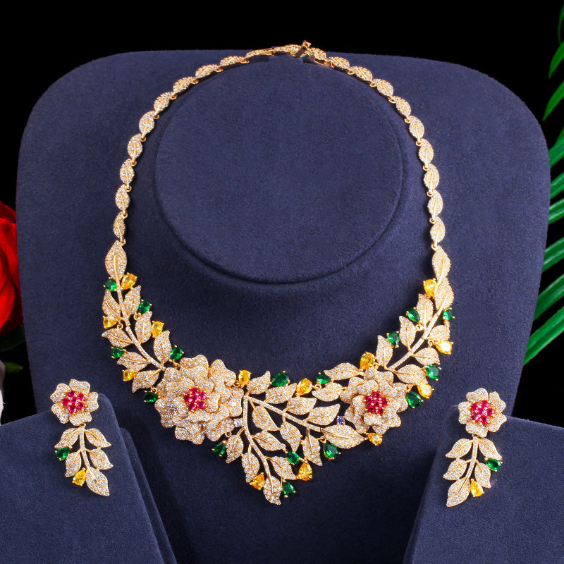 Zirconia Big Rose Flower  Necklace Earring Luxury Bridal Jewelry Set