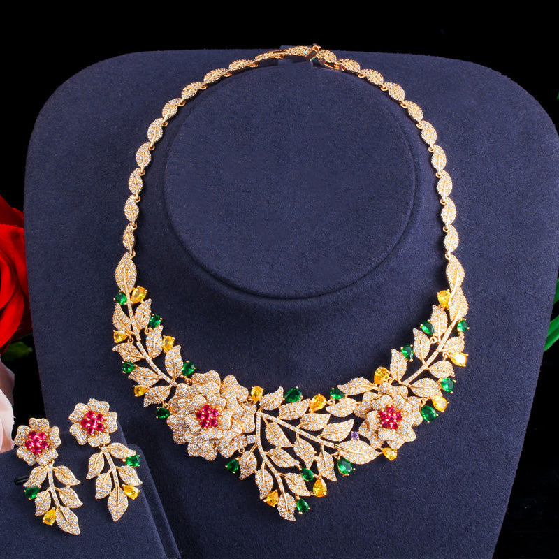 Zirconia Big Rose Flower  Necklace Earring Luxury Bridal Jewelry Set