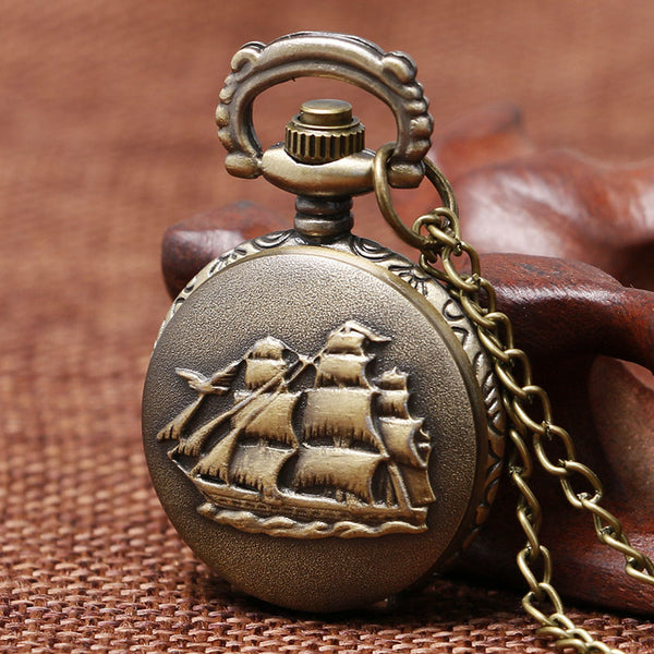 Reloj de bolsillo vintage de cuarzo con diseño de velero 3D en bronce, tamaño pequeño