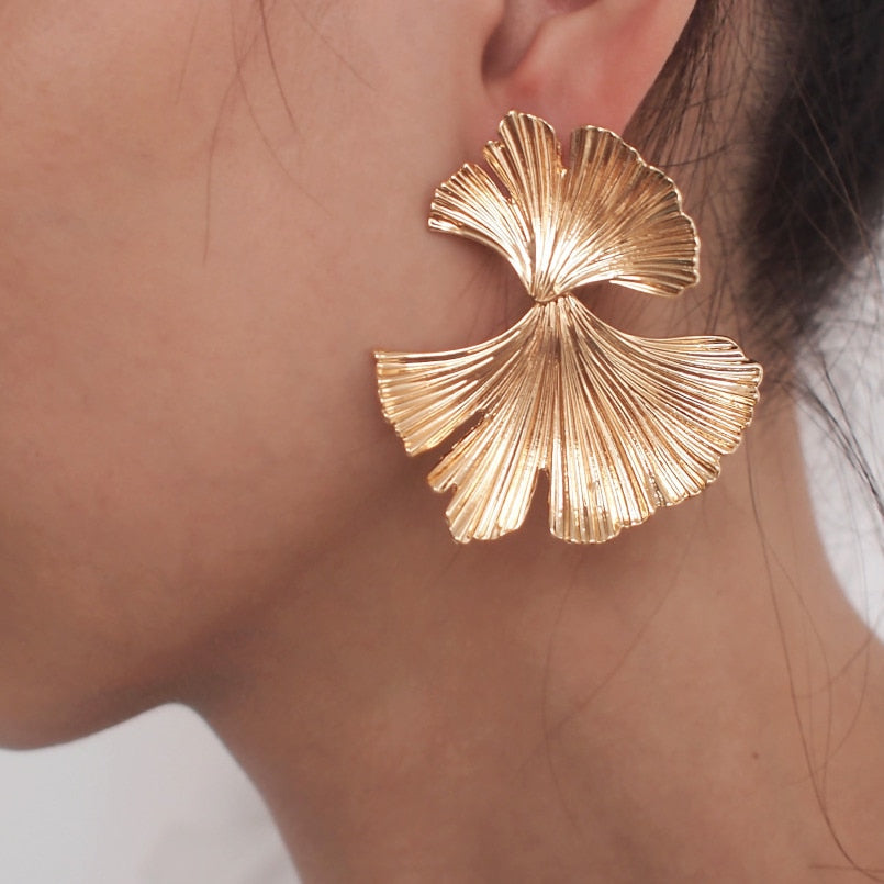 Bohemian Geometric Gold Color Ginkgo biloba Leaf Shape Drop Earrings