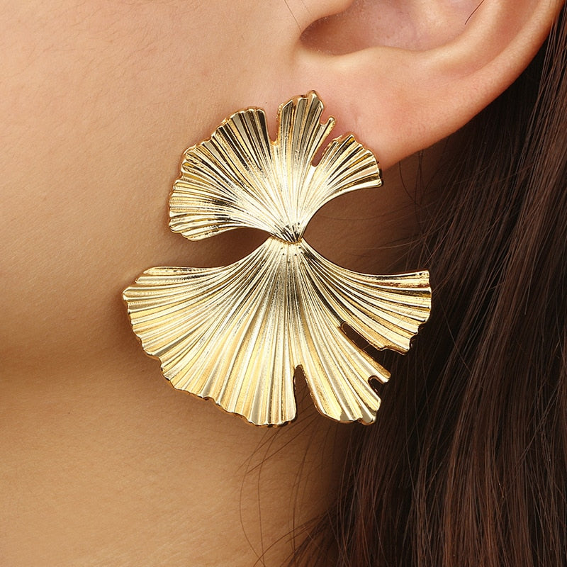 Bohemian Geometric Gold Color Ginkgo biloba Leaf Shape Drop Earrings