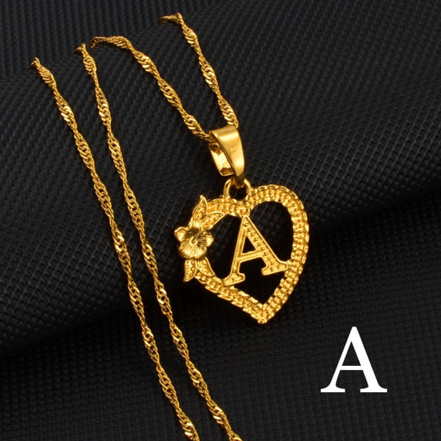 A-Z Gold Color Flower Heart Letters Charm Pendant Necklaces