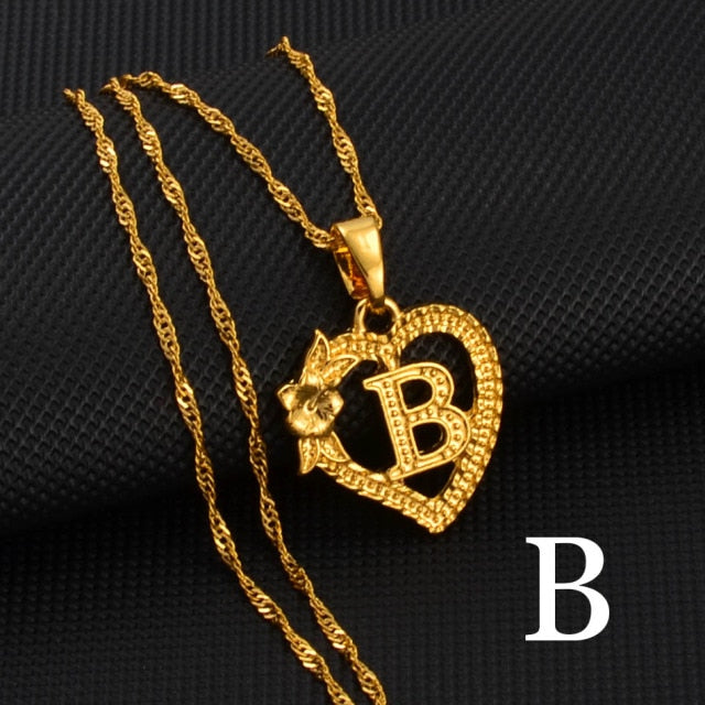 A-Z Gold Color Flower Heart Letters Charm Pendant Necklaces