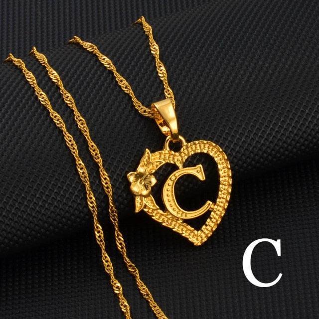 A-Z Gold Color Flower Heart Letters Charm Pendant Necklaces