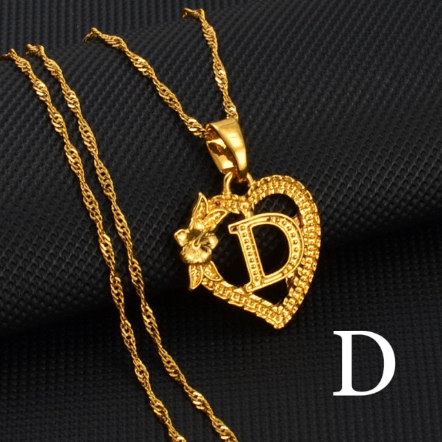 A-Z Gold Color Flower Heart Letters Charm Pendant Necklaces