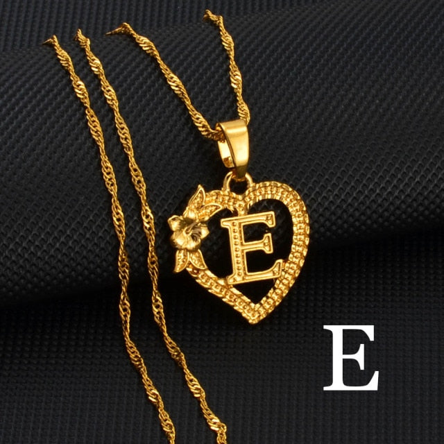 A-Z Gold Color Flower Heart Letters Charm Pendant Necklaces