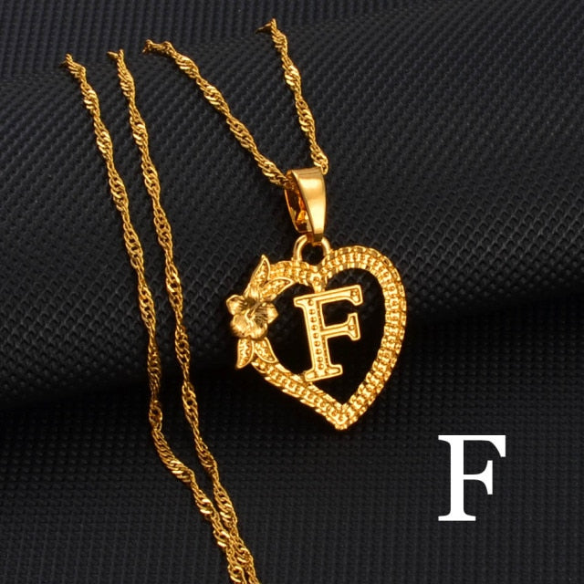 A-Z Gold Color Flower Heart Letters Charm Pendant Necklaces