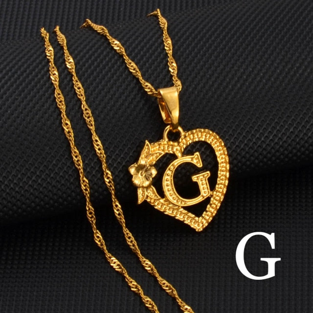 A-Z Gold Color Flower Heart Letters Charm Pendant Necklaces