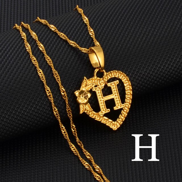 A-Z Gold Color Flower Heart Letters Charm Pendant Necklaces