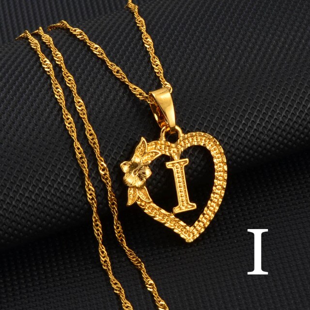 A-Z Gold Color Flower Heart Letters Charm Pendant Necklaces