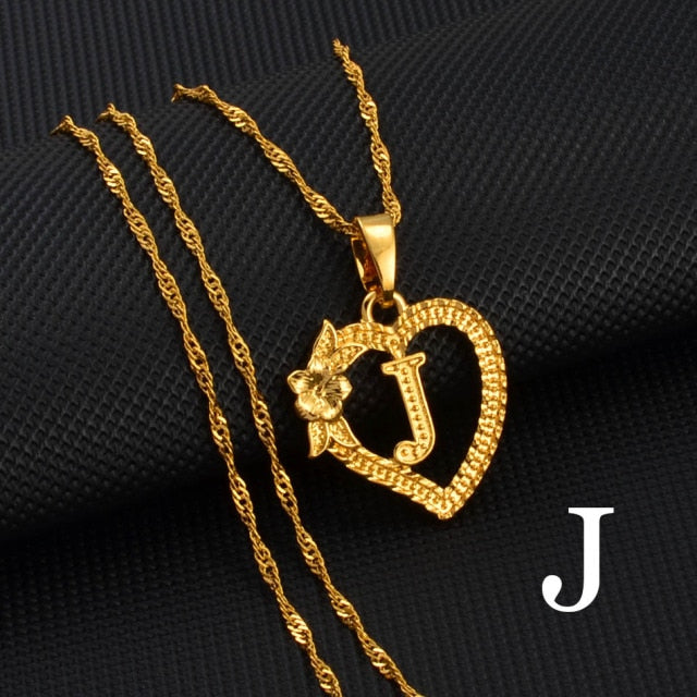 A-Z Gold Color Flower Heart Letters Charm Pendant Necklaces