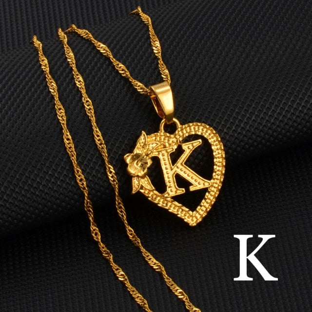 A-Z Gold Color Flower Heart Letters Charm Pendant Necklaces