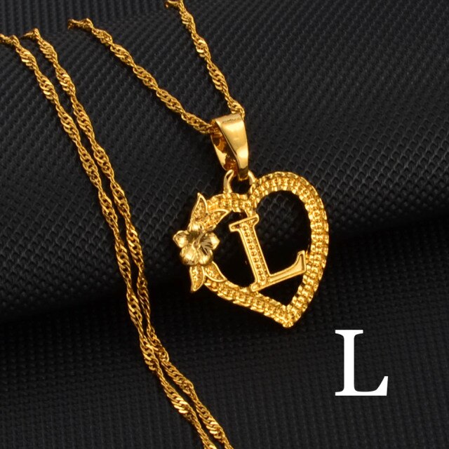 A-Z Gold Color Flower Heart Letters Charm Pendant Necklaces