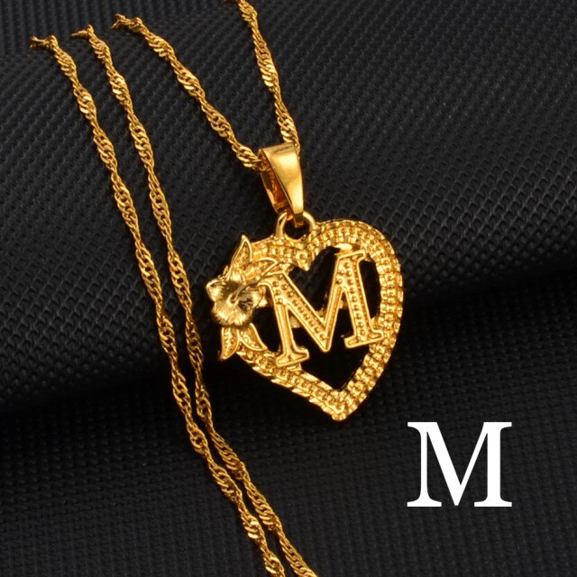 A-Z Gold Color Flower Heart Letters Charm Pendant Necklaces