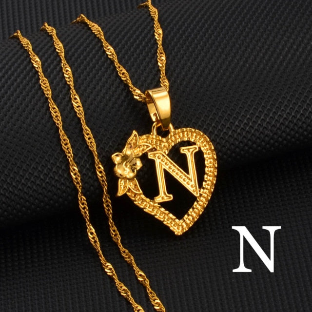 A-Z Gold Color Flower Heart Letters Charm Pendant Necklaces