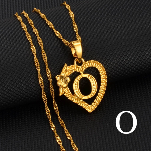 A-Z Gold Color Flower Heart Letters Charm Pendant Necklaces