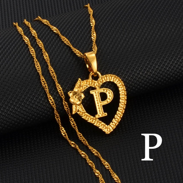A-Z Gold Color Flower Heart Letters Charm Pendant Necklaces