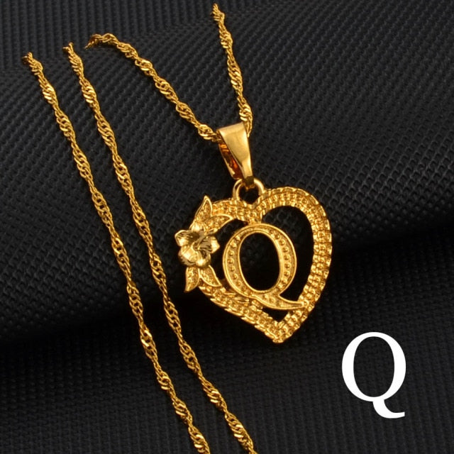 A-Z Gold Color Flower Heart Letters Charm Pendant Necklaces