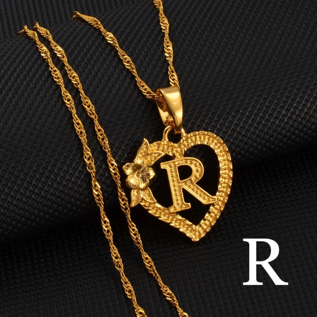 A-Z Gold Color Flower Heart Letters Charm Pendant Necklaces