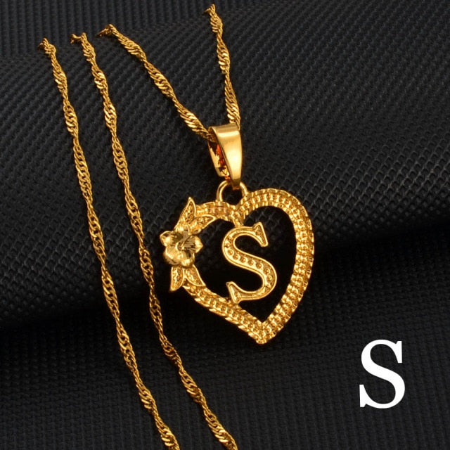 A-Z Gold Color Flower Heart Letters Charm Pendant Necklaces