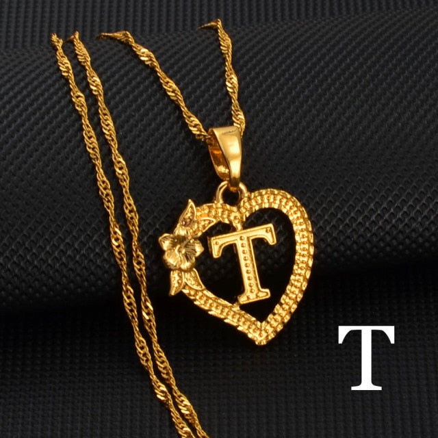 A-Z Gold Color Flower Heart Letters Charm Pendant Necklaces