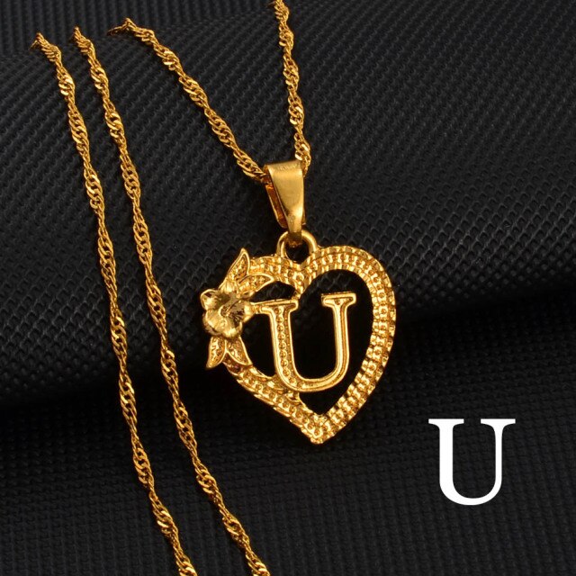 A-Z Gold Color Flower Heart Letters Charm Pendant Necklaces
