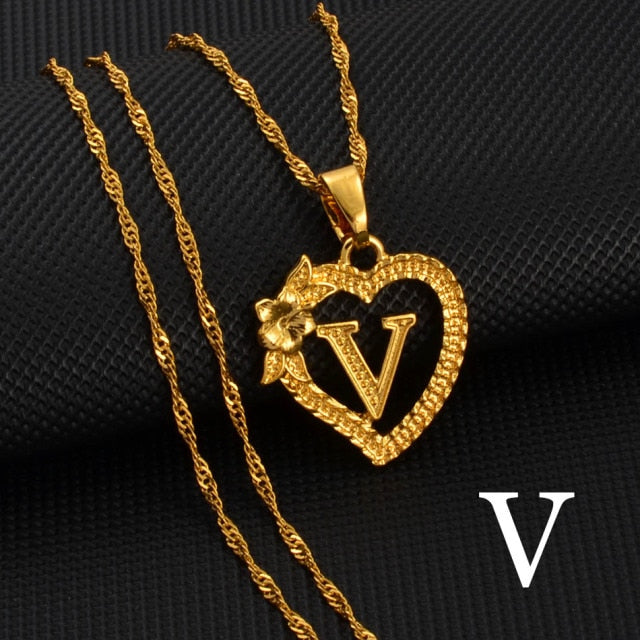 A-Z Gold Color Flower Heart Letters Charm Pendant Necklaces