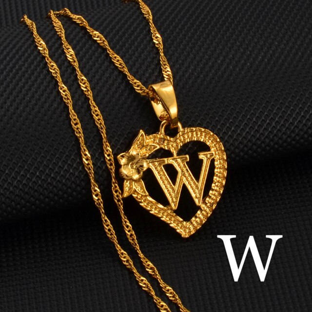A-Z Gold Color Flower Heart Letters Charm Pendant Necklaces