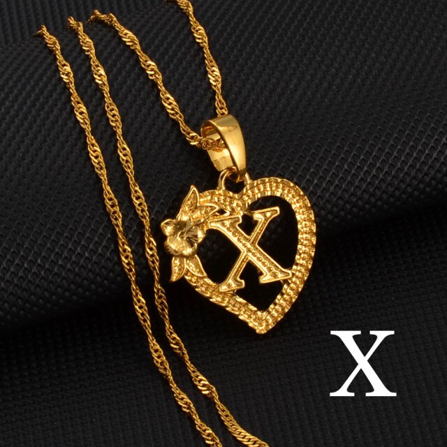 A-Z Gold Color Flower Heart Letters Charm Pendant Necklaces
