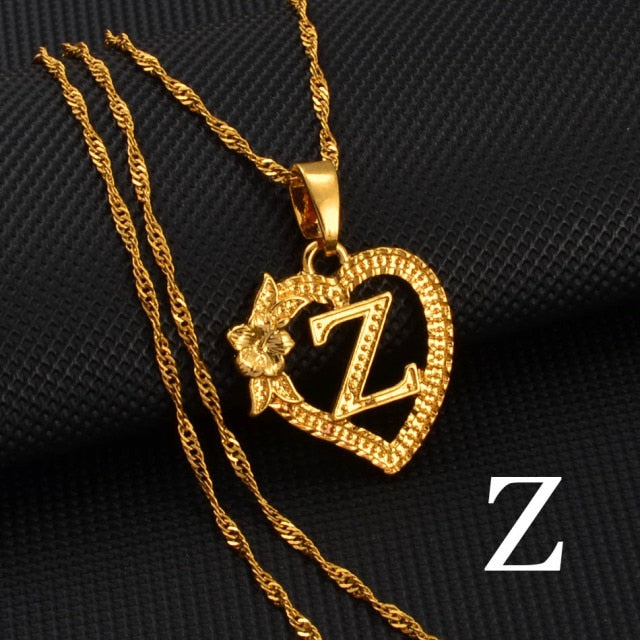 A-Z Gold Color Flower Heart Letters Charm Pendant Necklaces