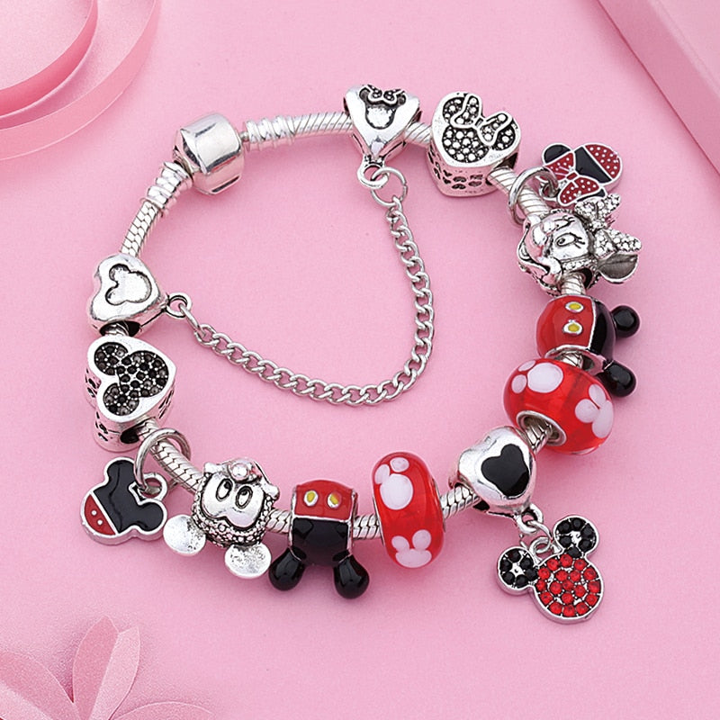 Red Crystal Mickey Minnie Pendant Bead Bracelet
