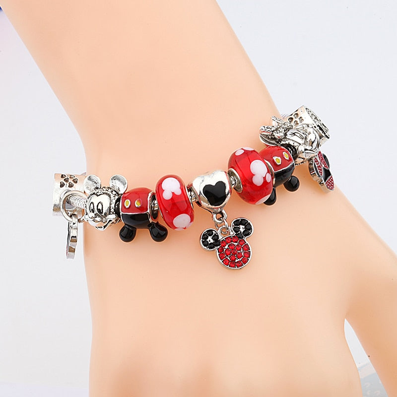 Red Crystal Mickey Minnie Pendant Bead Bracelet