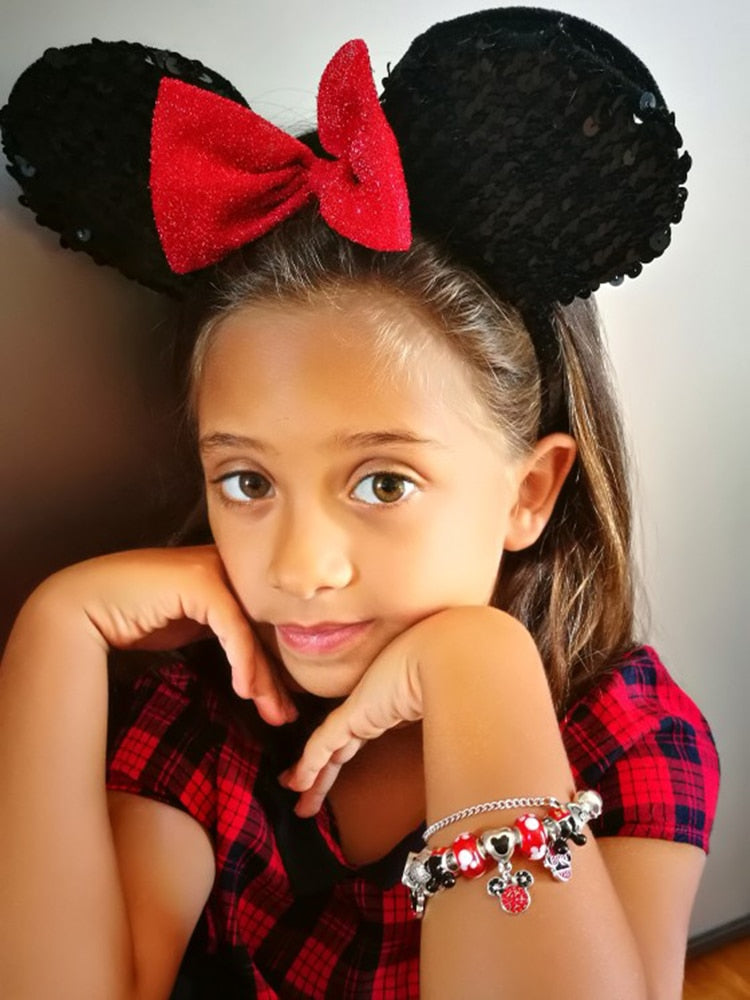 Red Crystal Mickey Minnie Pendant Bead Bracelet
