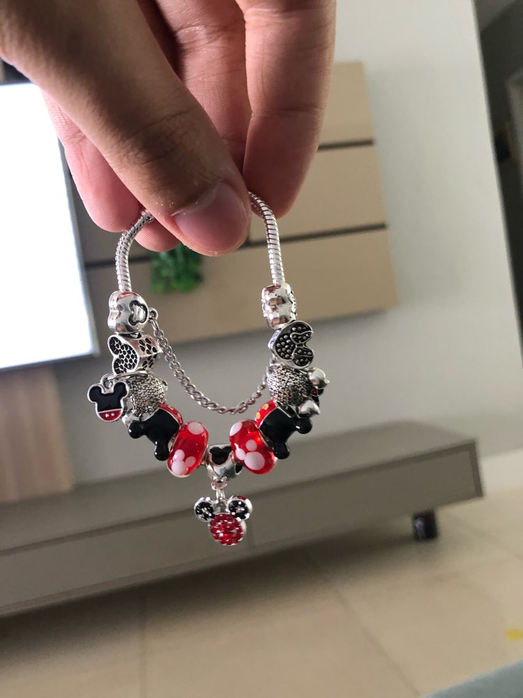 Red Crystal Mickey Minnie Pendant Bead Bracelet