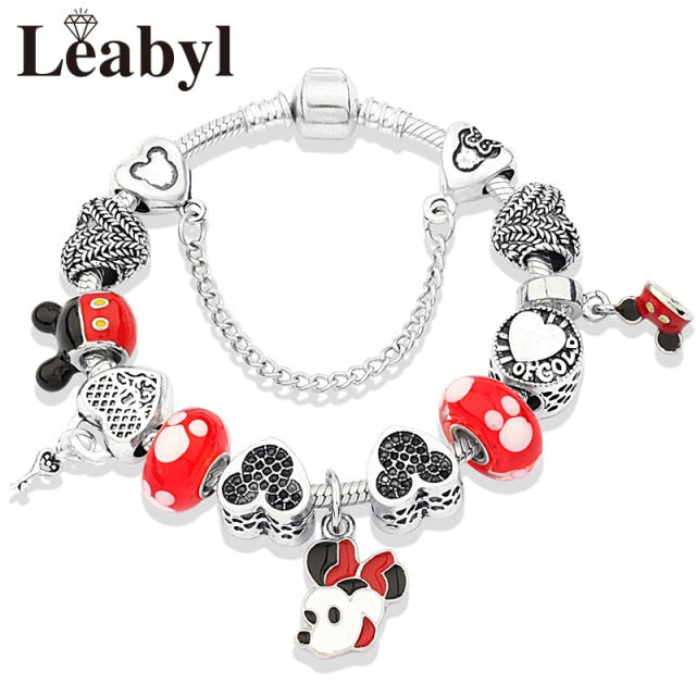 Red Crystal Mickey Minnie Pendant Bead Bracelet