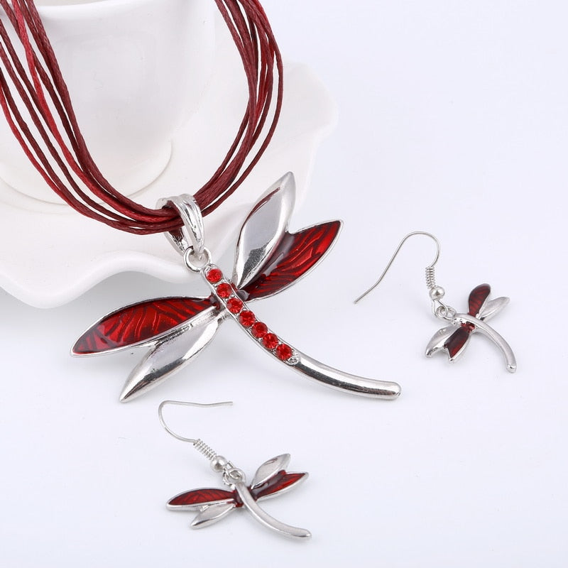 Enamel Dragonfly Pendant Necklace Earrings Sets
