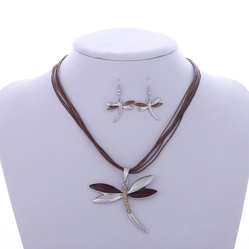 Enamel Dragonfly Pendant Necklace Earrings Sets