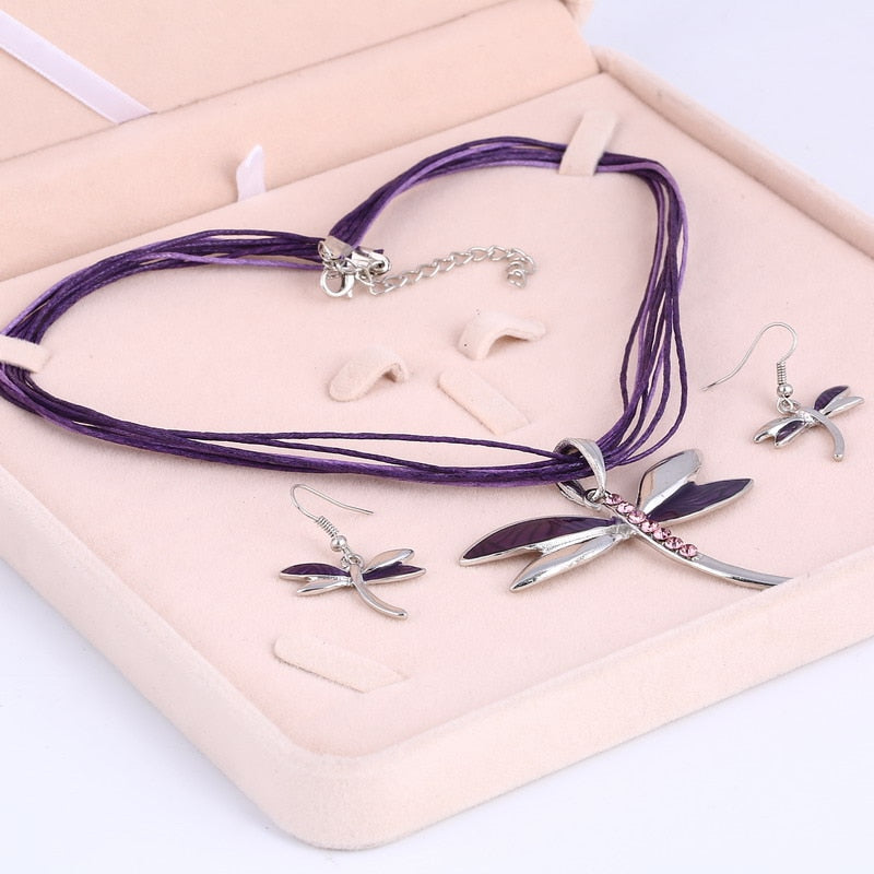 Enamel Dragonfly Pendant Necklace Earrings Sets