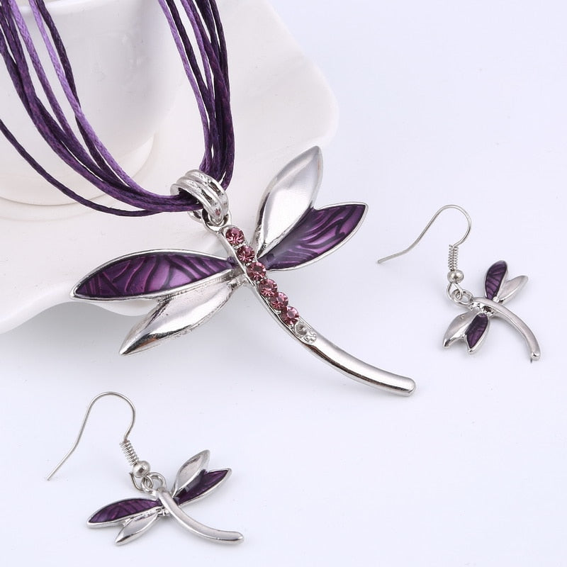 Enamel Dragonfly Pendant Necklace Earrings Sets