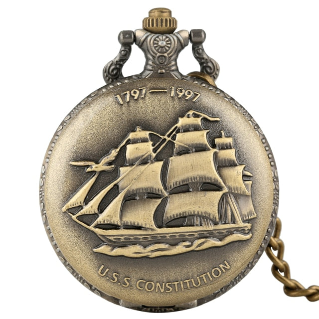 USS Constitution Sail Frigate Quartz Pocket Watch FOB Chain Watch
