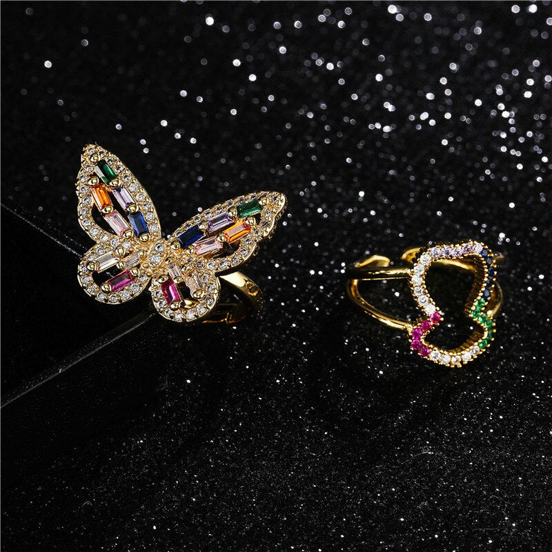Classic Design Evil Eye Charm Gold Color Rainbow CZ Party Ring