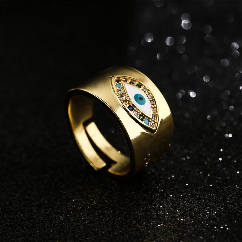 Classic Design Evil Eye Charm Gold Color Rainbow CZ Party Ring