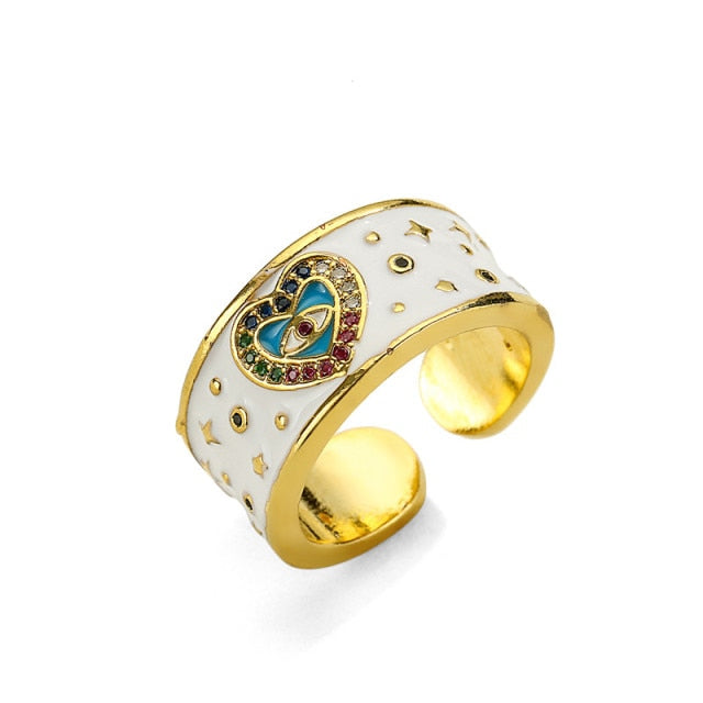 Classic Design Evil Eye Charm Gold Color Rainbow CZ Party Ring