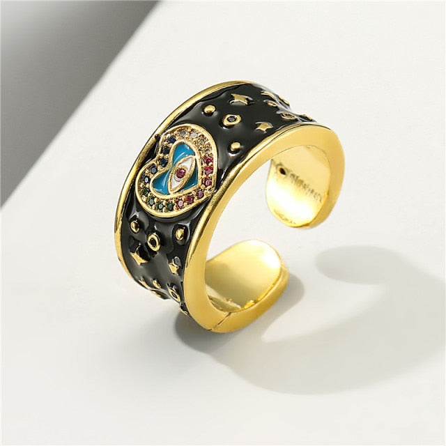 Classic Design Evil Eye Charm Gold Color Rainbow CZ Party Ring