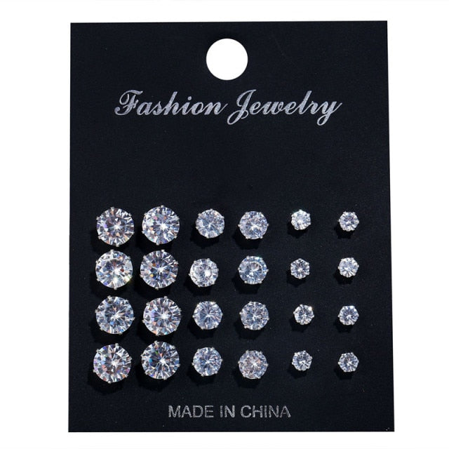 6/12 Pairs Classic Fashion Color CZ Element Stud Earrings