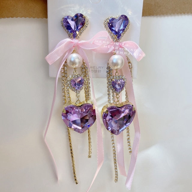 Bowknot Heart Crystal Long Tassel Drop Earrings