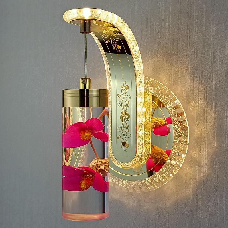 New Led Wall Light  Real flower Crystal Amber Bedside Wall Lamp
