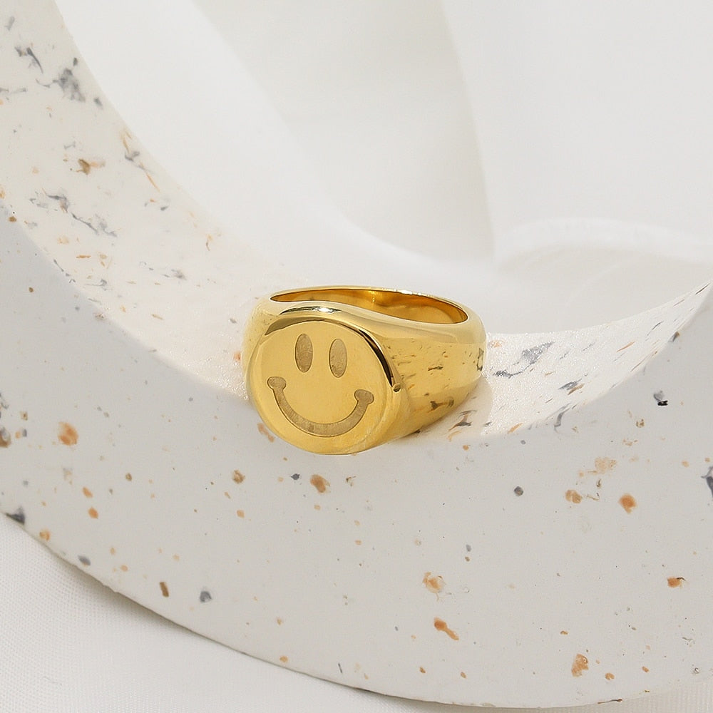 18K Gold Plated Stainless Steel Smiley Face Ring