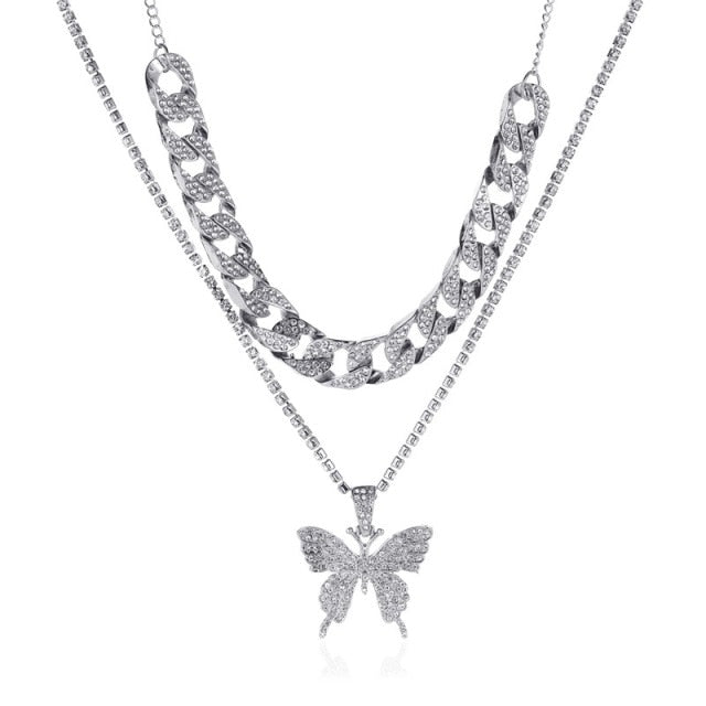 Punk Cuban Double Layer Big Butterfly Pendant Necklace
