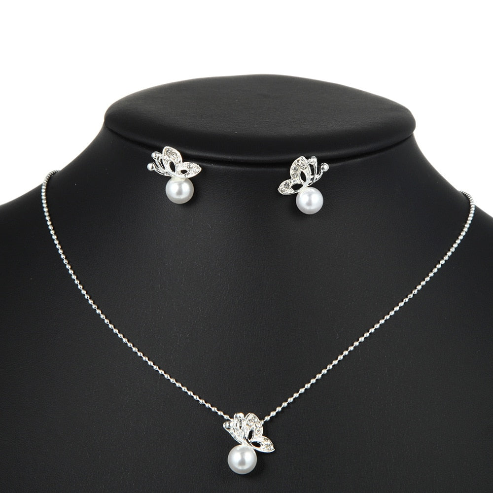 New Fashion Full Rhinestone Butterfly Imitation Pearl  Jewelry Set